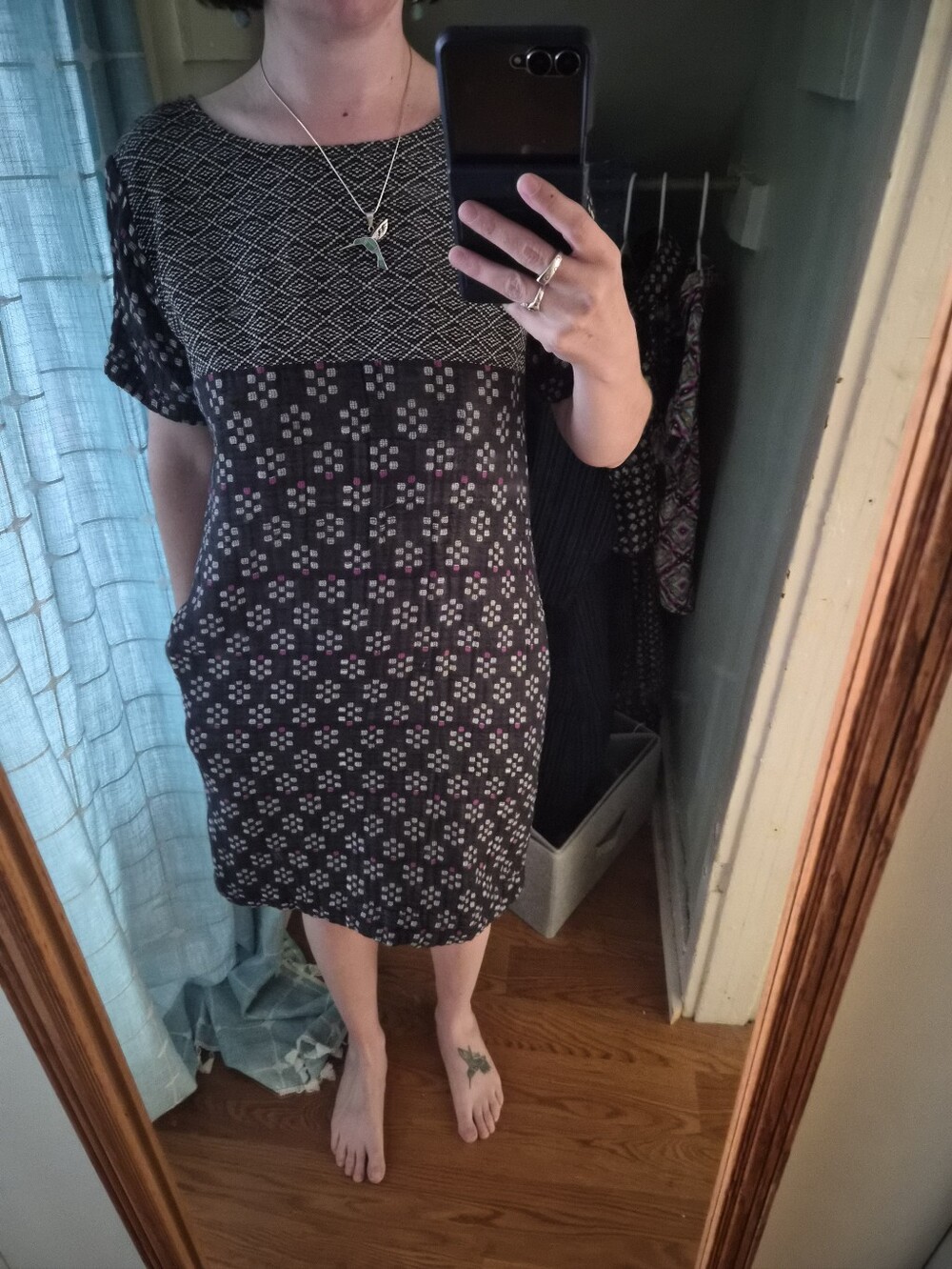 ACE &JIG Women's Black Patterned Shift Dress with Short Sleeves